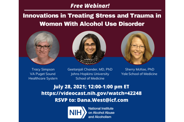 Promotion for NIAAA women and alcohol webinar on July 28, 2021 from 12:00 to 1:00 pm Eastern Time