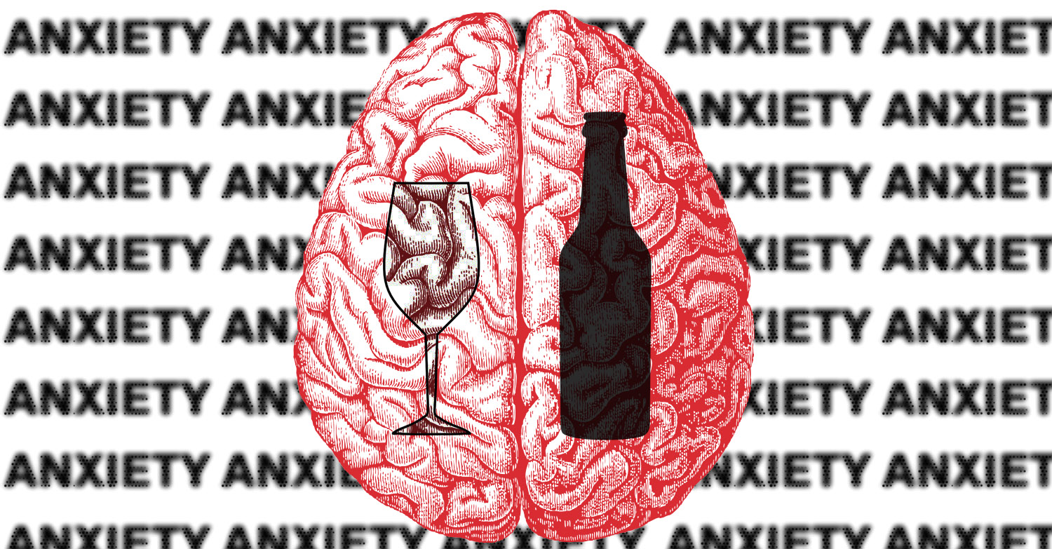 Image of a brain with a wine glass and a beer bottle over it with the word anxiety in the background.