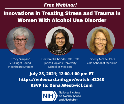 Promotion for NIAAA women and alcohol webinar on July 28, 2021 from 12:00 to 1:00 pm Eastern Time