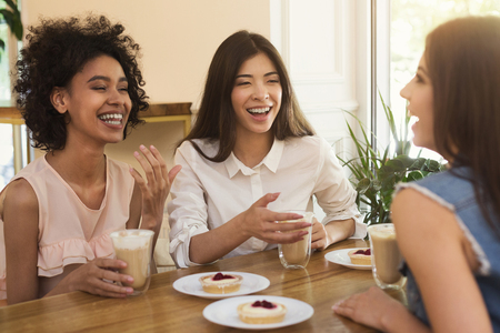 photos of three women sitting, talking and laughing over coffee and pastries
