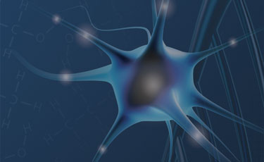 Conceptual illustration of neuron cells with glowing link knots. 