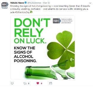 Screenshot of NIAAA Twitter post about Saint Patrick's Day safety awareness.