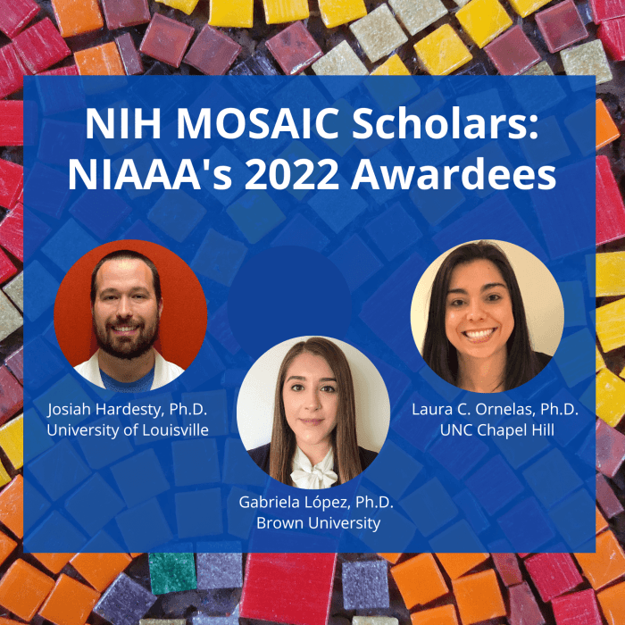 NIH MOSAIC Scholars: NIAAA's 2022 Awardees Josiah Hardesty, Ph.D., University of Louisville, Gabriela Lopez, Ph.D., Brown University, Laura C. Ornelas, Ph.D., UNC Chapel Hill