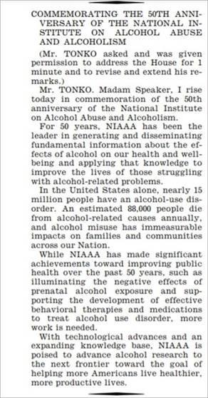 Congressional record COMMEMORATING THE 50TH ANNIVERSARY OF THE NATIONAL INSTITUTE ON ALCOHOL ABUSE AND ALCOHOLISM