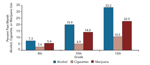 Column chart showing alcohol, cigarettes, and marijuana by percent past-month usage