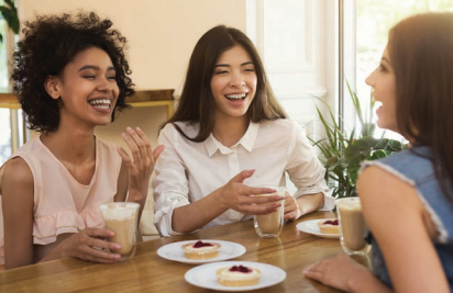 photos of three women sitting, talking and laughing over coffee and pastries